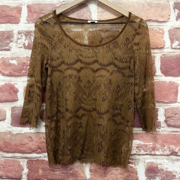 Fossil Top Shirt Women's XS Brown Featherweight Chic Floral Lace Sheer Popover - Picture 1 of 8